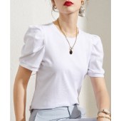 海谜璃短袖t恤女夏季新款纯色半袖体恤褶皱泡泡袖设计感上衣HBF2747